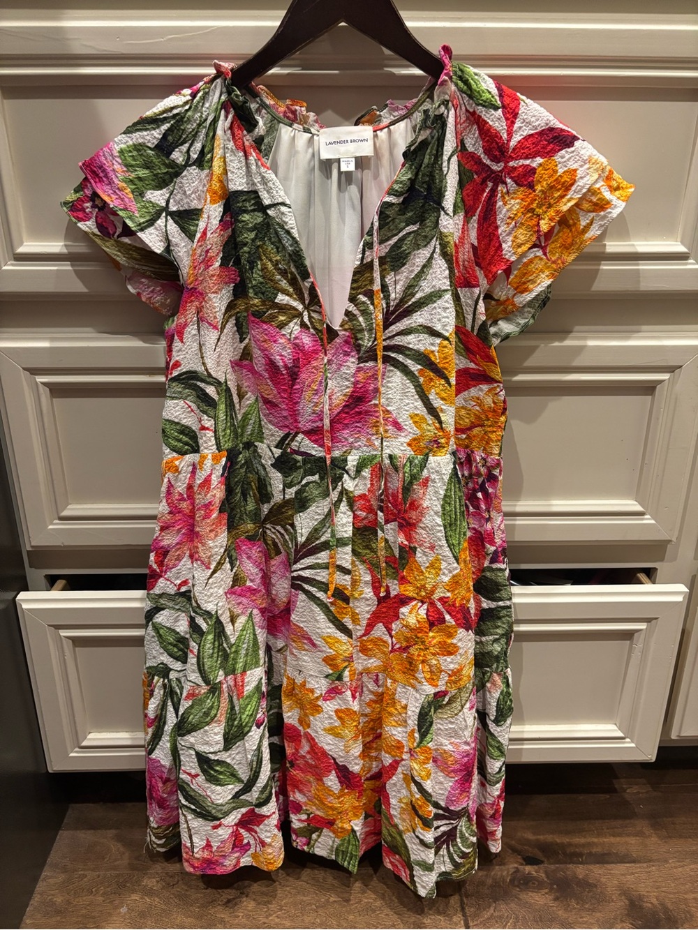Lavender Brown Floral V-Neck Dress in Pink, Green, Orange